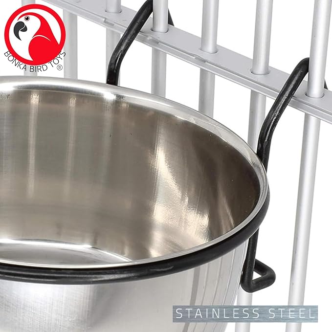 Bonka Bird Toys 3497 20oz Stainless Steel Hook Cup with Powder-Coated Black Hanger for Medium to Large Birds Cage-Mounted Feeding Bowl