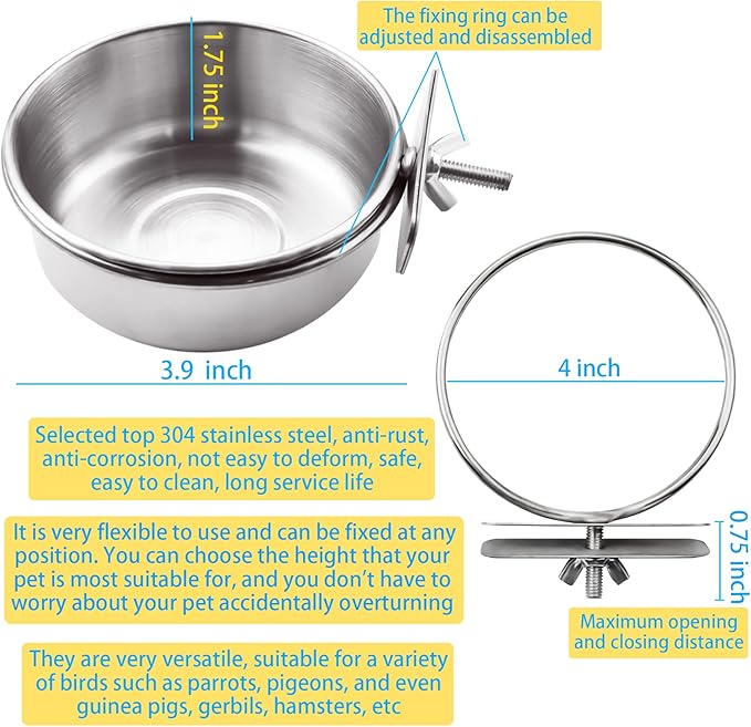 3 Pack Bird Feeding Bowls Cups Parrot Food Water Dishes, Stainless Steel Bird Bowl Cup Dish with Clamp, Birdcage Feeder Pet Cage Bowls for Cockatiel Budgie Conure Macaw Parakeet Small Animal