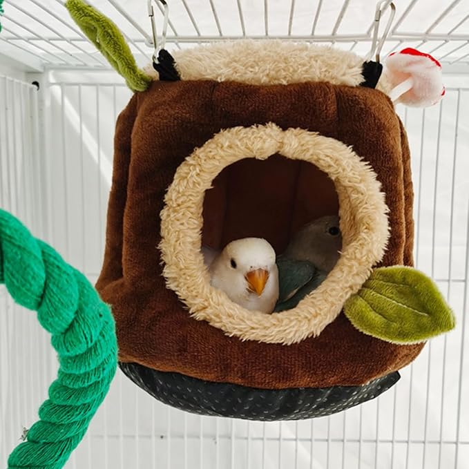 Warm Winter Bird Nest with Removable Cushion, Stump Style Bird House, Soft and Washable Hanging Bed Hammock for Parrot, African Grey,Chinchilla,Ferret, Bunny,Small Animal Houses & Habitats (Small)