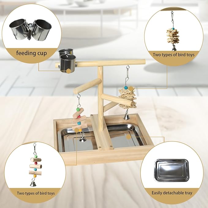 Bird Playground, Natural Wood Bird Play Stand with Stand Perch, Two Toys, Two Food Cups, and Removable Tray, Suitable for Lovebirds, Cockatiels, Budgies, Parakeets, and Other Small Birds
