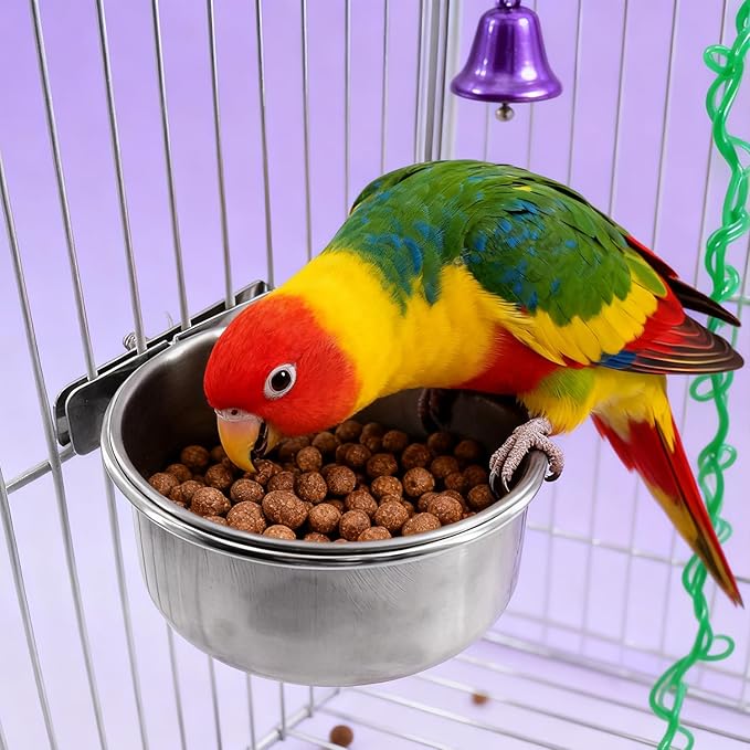 8 Pcs Stainless Steel Bird Food & Water Bowls with Clamp Holder - Hanging Bird Cage Feeding Dishes, Pet Feeders for Cockatiel, Conure, Budgie, Parakeet, Macaw & Small Animals