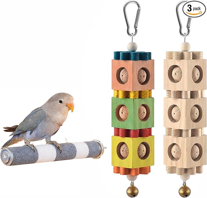 3 PCS Bird Chew Toy and Perch Set Rotating Wood Block Foraging Toys with Bells and Sandstone Nail Grinding Perch for Cockatiels Conures Caiques and Small Medium Parrots