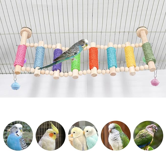 Bird Cage Accessories, Wooden Bridge with Colorful Rope on Steps, Bird Climbing Ladder Perch for Budgies, Cockatiels, Lovebirds, Quakers, Green Cheeks, Other Small to Medium Birds