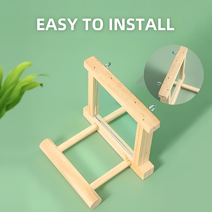 Natural Wood Bird Stand with Mirror, Perch and Swing Toy for Parakeets, Hummingbird, Lovebirds and Cockatoos (2 Pack)
