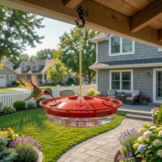eWonLife Hummingbird Feeders for Outdoors, 2 Pack 16 oz Leak-Proof Dish-Style Humming Bird Feeder with Built-in Ant Moat, 5 Bee Proof Feeding Ports, Easy Clean, BPA Free Plastic, Hanging Garden Decor