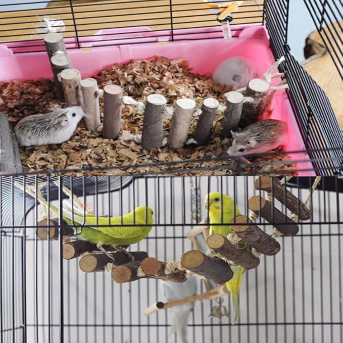Wooden Bird Hanging Ladder, Parrot Rope Wood Ladder with Rope Swing Bridge for Lovebirds Parakeets Parrots African Grey Cockatiel Pet Training Toys