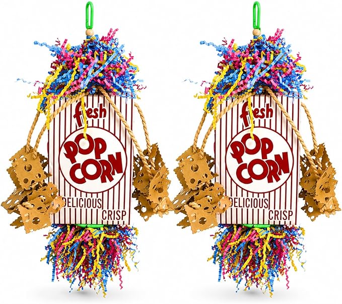 Bonka Bird Toys Popcorn Explosion Bird Toy 15" x 6" Foraging Shredding Toy for Small to Medium Birds Parakeets Cockatiels Conures Natural Paper Cardboard Hanging Cage Toy (Pack of 2)