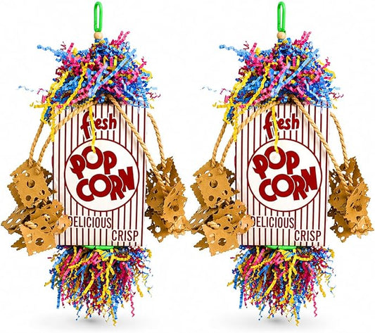 Bonka Bird Toys Popcorn Explosion Bird Toy 15" x 6" Foraging Shredding Toy for Small to Medium Birds Parakeets Cockatiels Conures Natural Paper Cardboard Hanging Cage Toy (Pack of 2)