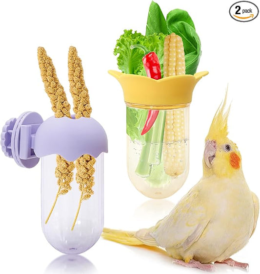 2Pcs Bird Cage Feeder for Vegetable, Parrot Veggies Holder with Water-Storage Design to Keep Greens Fresh, No Mess Hanging Millet Feeder for Parakeet, Quick Clean Clip, No Spill Feeders for Parrots