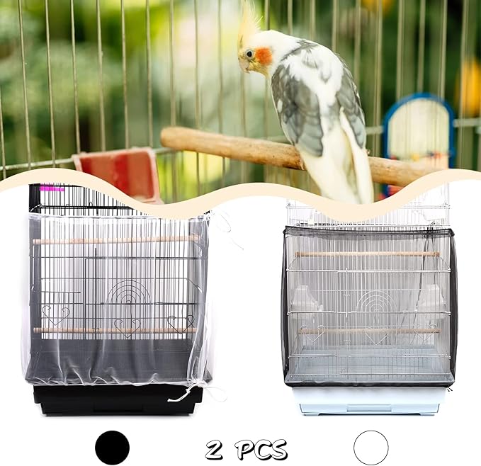 Daoeny 2Pcs Bird Cage Cover, Adjustable Soft Airy Nylon Mesh Parrot Net, Universal Feather Seed Catcher, Birdcage Cover Skirt Sheer Guard for Round Square Bird Cages (White +Black)