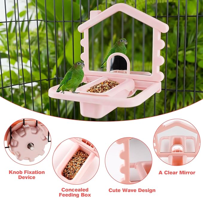 3 in 1 Bird Mirror with Perch Stand,Parrot Mirror for Cage,Bird Swing Toys for Cockatiels,Lovebirds,Conures,Parakeets-Helps Birds Release Stress (Pink)
