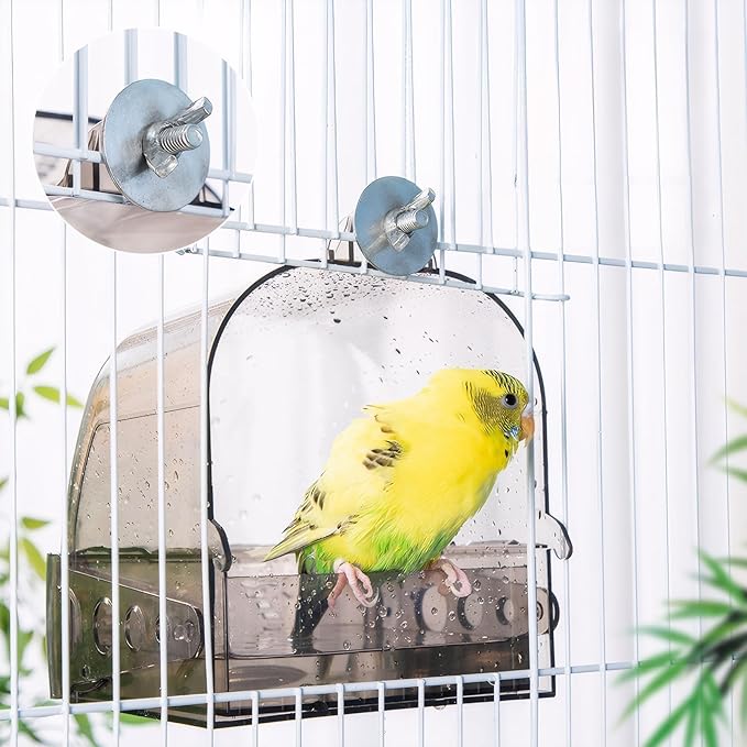 Bird Bath for Cage with Pull-Out Drawer, Grey Translucent Parakeet Bath Box for Inside Cage Use, No-Mess Enclosed Tub for Budgie, Canary, Lovebird, Finch, 6.1 x 5.1 x 6 Inches (Gray)