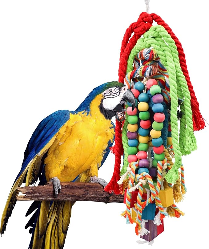 Large Bird Chewing Toys, 21.7 × 5.1 inch Parrot Shredding Wooden Block and Cotton Rope Toys, Cage Accessories for Small to Large Birds Cockatiel Parakeets Lovebirds Conure Macaw African Grey Amazon