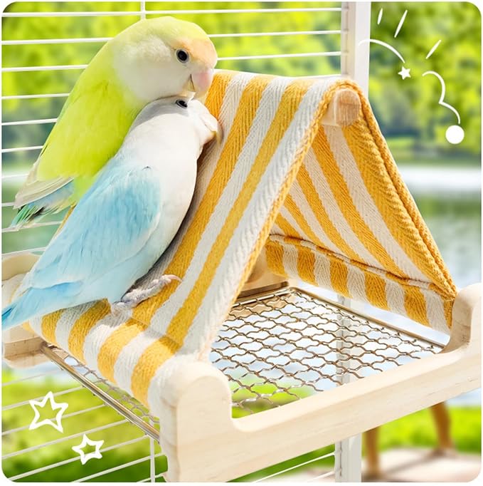 Bird Tent Wooden House with Stainless Steel Bottom Bird Nest for Parakeet Parrot Hideaway Cave Snuggle Hut Cage Accessories for Budgie,Conure,Lovebird,Cockatiel (Yellow)