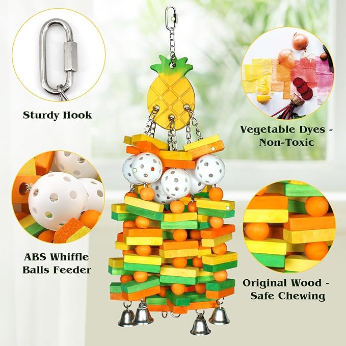 Large Wooden Bird Toys for Parrots, Cockatoos, Cockatiels, and Parakeets, Safe and Durable Shredding Cage Toy for Engaging Play (Pineapple)
