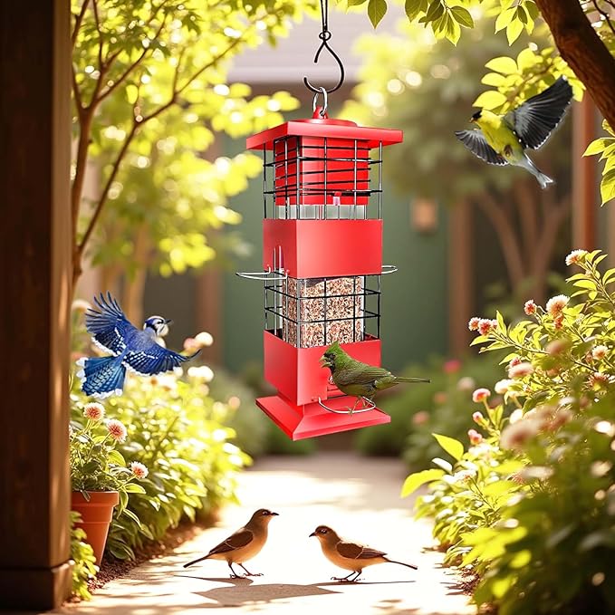 Bird Feeders Squirrel Proof for Outdoors, 3LBS Metal Hanging Bird Feeders, Weight-Activated Perches Anti-Squirrel Birdfeeder for Blue Jay, Cardinal, Outside (Red)