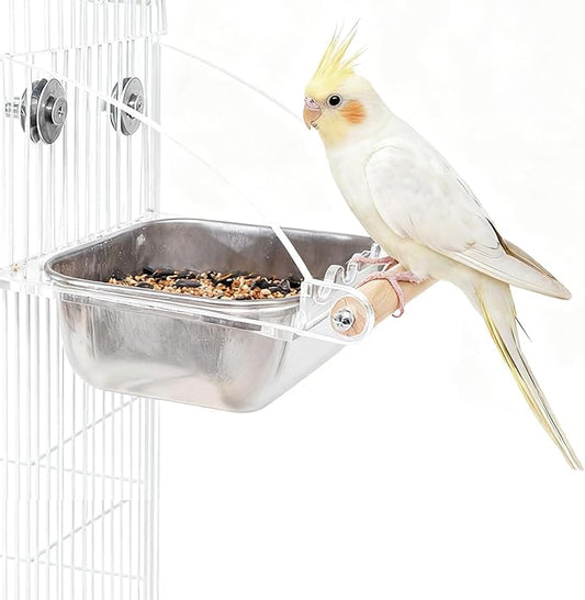 No Mess Bird Cage Feeder with Perch, No Spill Design Hanging Bird Feeders for Small Medium Birds, Easy to Clean Metal Seed Container with Secure Hooks for Indoor Cages Feeding