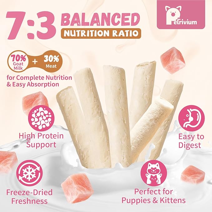 Freeze Dried Goat Milk & Chicken Dog Treats, 70% Goat Milk Yogurt Sticks for Dogs & Cats, High Protein Grain-Free Snack & Food Topper for Sensitive Stomachs, Immune Support with Vitamin E 2.8oz