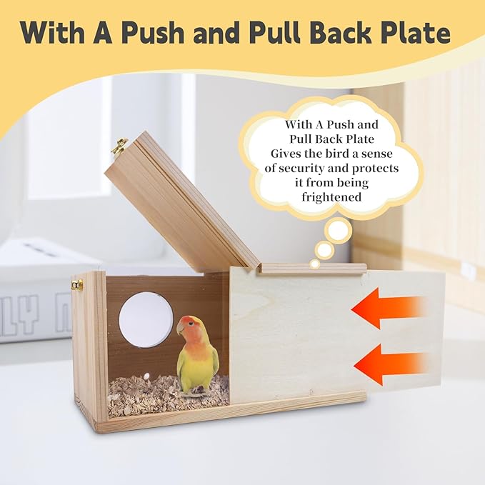 PINVNBY Parakeet Nesting Box, Detachable Board Acrylic Bird House for Cage with Coconut Fiber, Natural Wood Breeding Box for Cockatiel Budgie Lovebirds Conure Finch Parrot (M: 9.8 * 5.3 * 5.3 inch)
