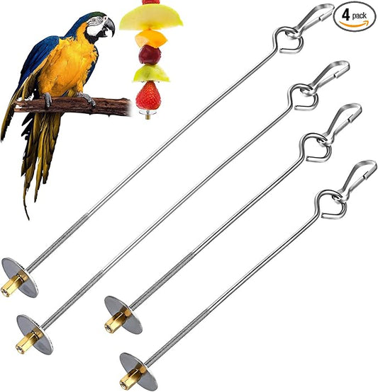 Nogeqi 4PCS Bird Cage Food Holder with Hook, Stainless Steel Bird Feeder for Cage, Parrot Fruit Skewers, Birds Foraging Toys for Macaw Parakeet Parrot Budgie (2 Sizes)