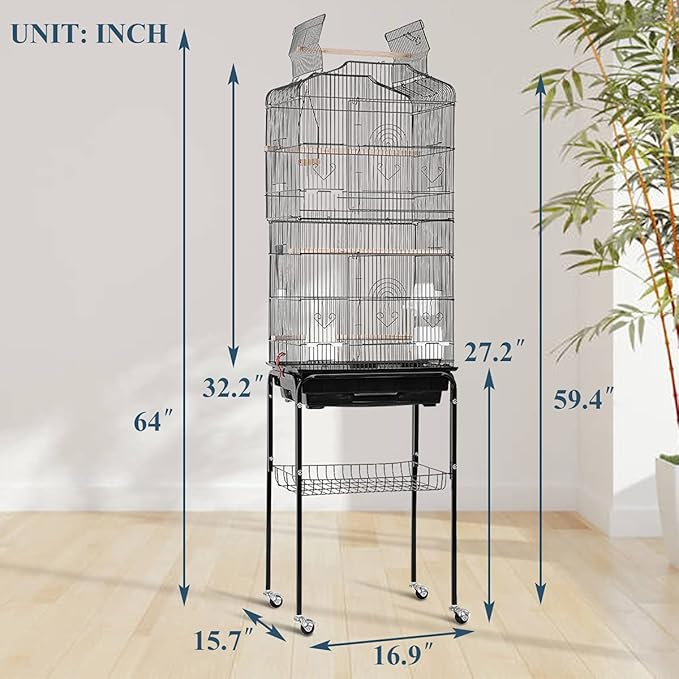 Dkeli Bird Cage, 64 in Open Top Parakeet Cage with Rolling Stand for Medium Small Cockatiel Macaw Conure Lovebird Canary Bird Wrought Iron Flight Pet House with Storage Shelf, Black