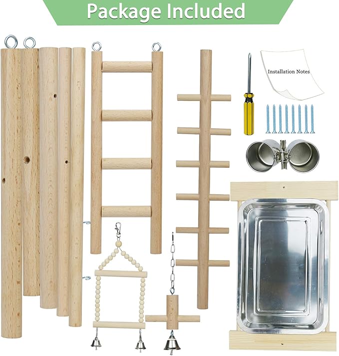 Parrot Playstand Bird Playground Birdcage Wood Perch Stand Ladder Swing with with Feeder Cups Birds Play Gym Cockatiel Playground Include Hanging Bell Swing Ladders