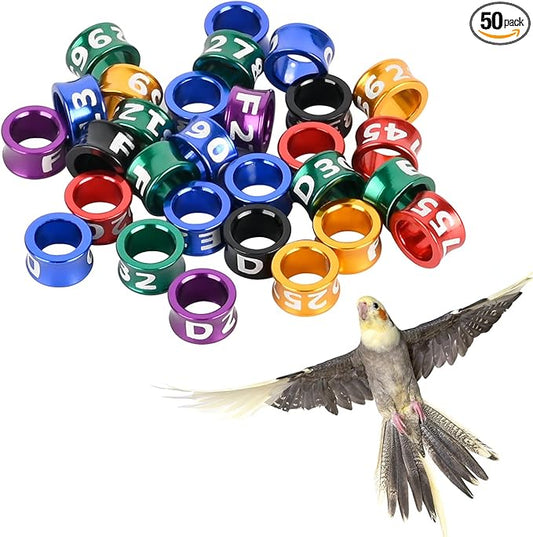 Bird Rings, Bird Bands, Multicolor Aluminum Parrot Leg Rings, Identification Training Rings，Mixed Colors 50 Per Pack.
