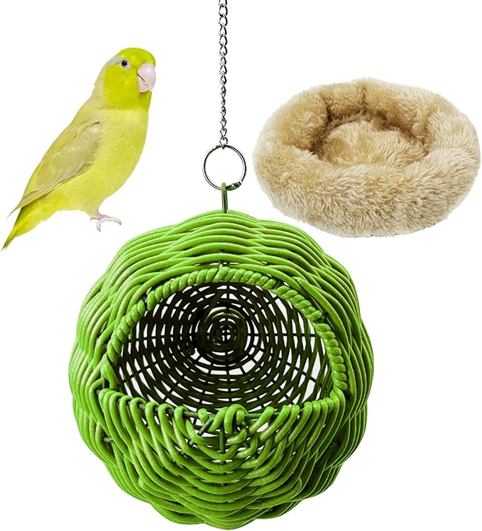 Rattan Birds Nest for Cage Hanging Parakeet House Chewproof Parrot Breeding Bed Small Budgies Hideout Swing Hut Bird Cage Accessories for Lovebirds Cockatiel Conure Finch Canary (Green)