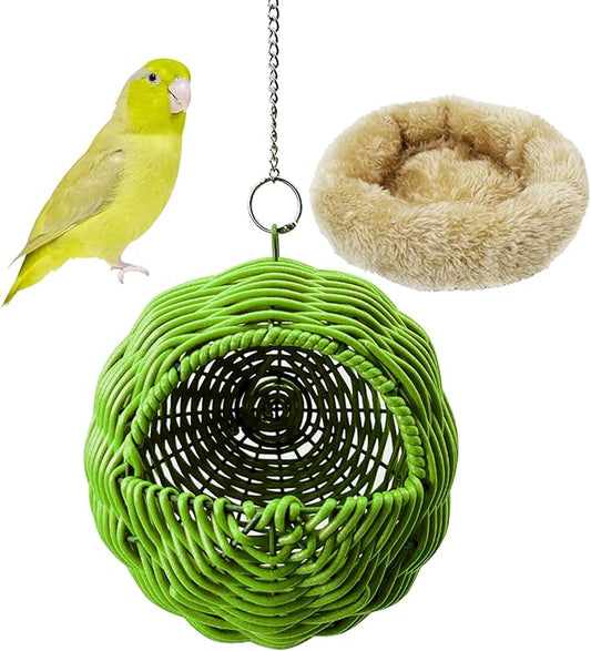 Rattan Birds Nest for Cage Hanging Parakeet House Chewproof Parrot Breeding Bed Small Budgies Hideout Swing Hut Bird Cage Accessories for Lovebirds Cockatiel Conure Finch Canary (Green)