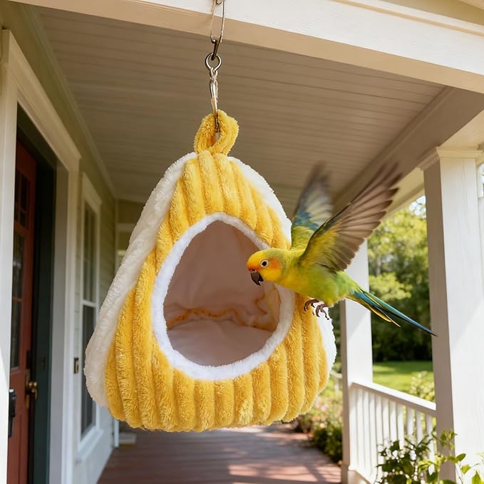 Bird Hanging Hammock Nest Parrot with Soft Plush Hanging Hammock & Hut Tent for Cage Winter Bird Hideaway Hut for Cockatiels Budgies Parakeets Lovebirds Conures Hamsters (Yellowish-White L)