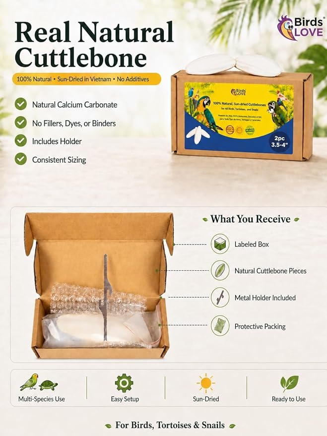 Birds LOVE 3.5-4″ Cuttlebone for Birds – 100% Natural Sun-Dried Calcium & Beak Conditioning Supplement for Parakeets, Budgies, Cockatiels, Finches & Canaries – 2 Pack with Holder – Made in Vietnam