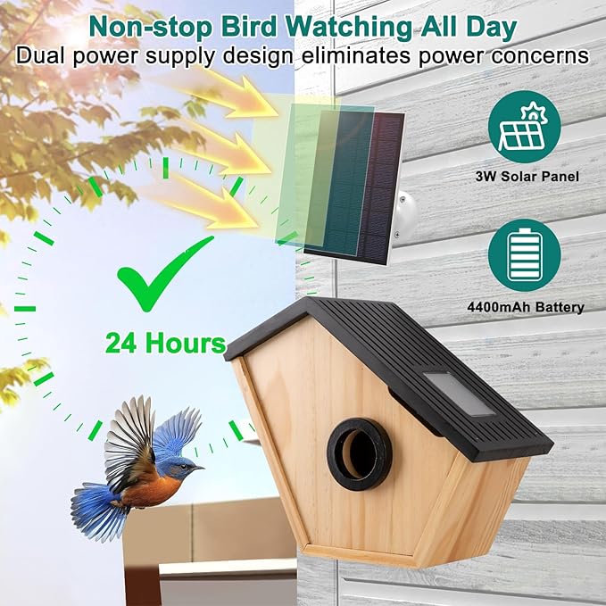 Smart Bird House with Camera,2K HD Bluebird House with Camera Solar Powered,Bird Watch Nesting and Hatching,Night Vision,2.4G WiFi & App Notification,Wooden Weatherproof Birdhouse with Camera Inside