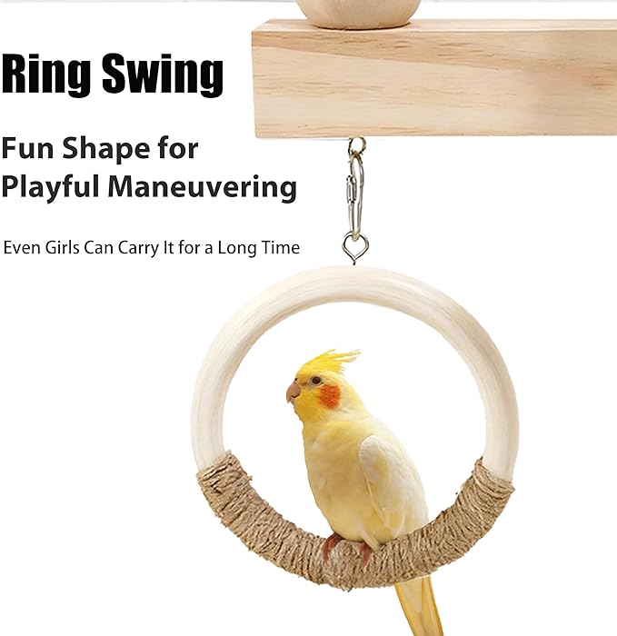 Natural Wood Bird Ladder Perch Toy - Chewable Safe Parrot Climbing Toy for Cockatiel, Finch & Other Small to Medium Birds, Bird Cage Accessories with Easy Screw Installation (Wooden Loop Perch)