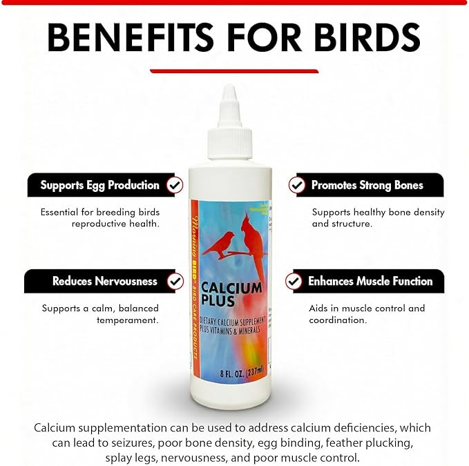 Morning Bird Calcium Plus Liquid for Birds – Calcium Supplement with Vitamins and Minerals for Strong Eggshells, Healthy Bones - Support Growth, Breeding, and Wellness for All Birds 8 Fl Oz