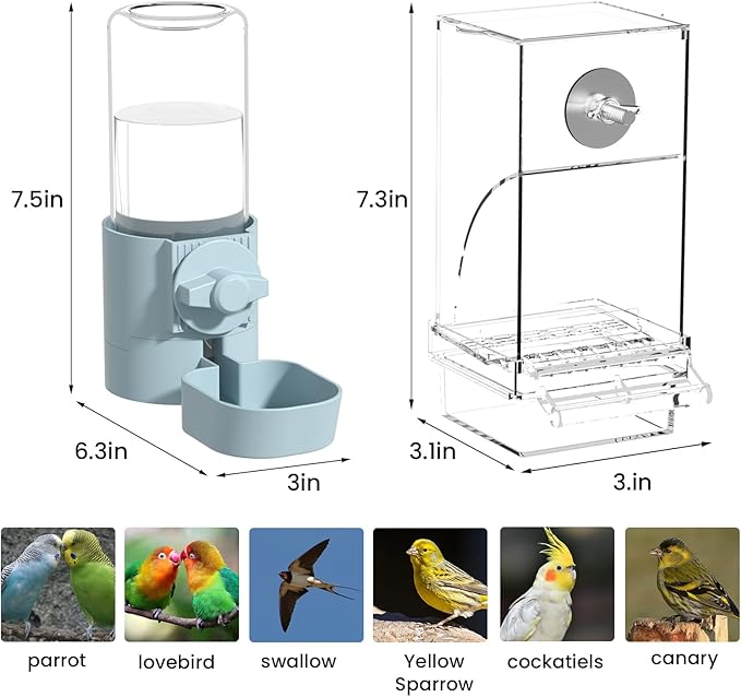 No Mess Bird Feeder Water Dispenser Set,Automatic Parakeet Feeder Cage Accessories,Parrot Transparent Food Container Drinker for Cage,Canaries Budgies Lovebirds Cockatiels Finches (Blue)