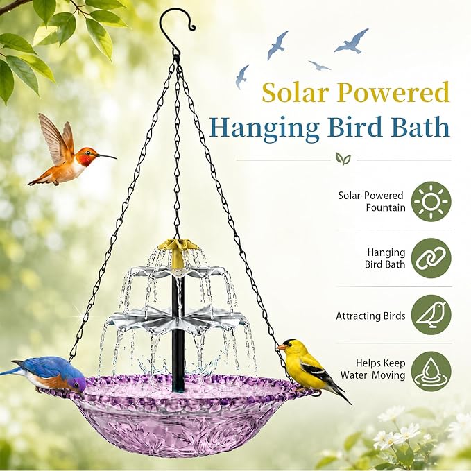 Solar Cascade Hanging Bird Bath Fountain, Large Plastic Bowl with Suspension Chain for Outside Garden, Patio & Yard Decor (Purple)
