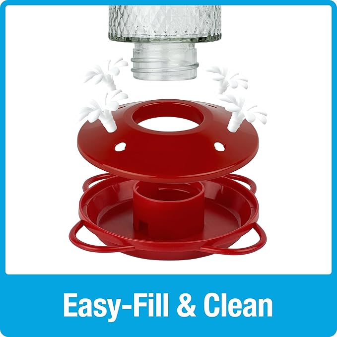 Nature's Way Hanging Glass Hummingbird Feeder for Outdoor Décor, 13 Ounce Capacity Nectar Feeder, Ant Moat, 4 Easy to Clean Flexible Ports, Red