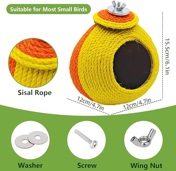 Bird Nest,Parrot Breeding House,Parakeet Natural Coconut Shell Hut,Hanging Budgie Nesting House with Coconut Fiber,Cockatiel Bed for Conure Lovebird Finch Birds,Orange&Yellow