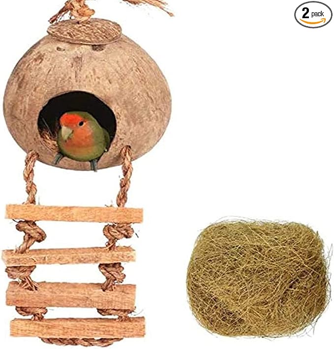 Tfwadmx Coconut Hide with Ladder, Natural Fiber Hanging Birdhouse Cage, Bird Shell Breeding Nest for Parrot, Parakeet, Lovebird, Finch, Canary (2 Pcs)