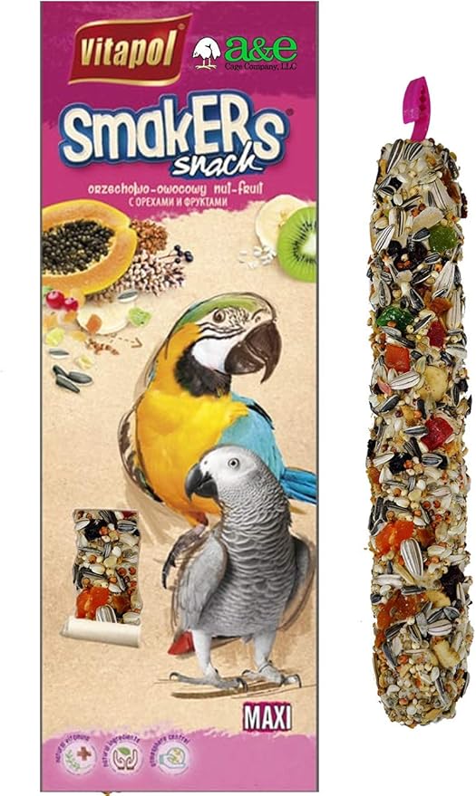 Vitapol Smakers by A&E Cage Co Maxi Fruit Treat Sticks for Parrots – Twin Pack Large Bird Treat Sticks – Natural Hanging Foraging Snack with Real Fruit for Amazons, African Greys & Mid-Large Parrots