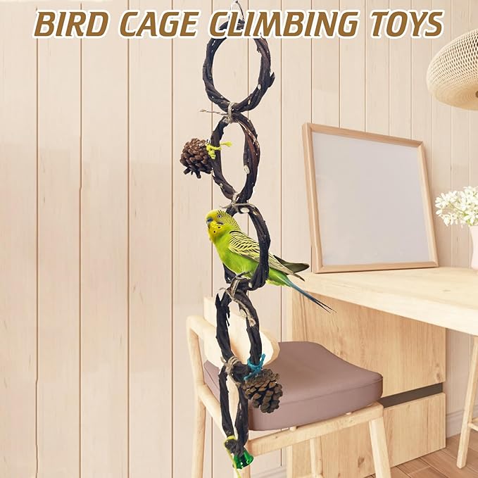 BNOSDM Bird Swing Rings Toy Natural Wood Parrot Climbing Ladder Parakeet Chewing Toys Hanging Budgie Cage Accessories for Green Cheek Conure Cockatiel Lovebird (Single Row 5 Rings)