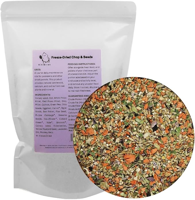 Freeze-Dried Chop & Seeds for Parakeet | Low Fat Food with Beta-Carotenoids, Calcium & Iodine | All Natural for Budgies & Small Parrots | Feather & Bone Health (2 lbs)