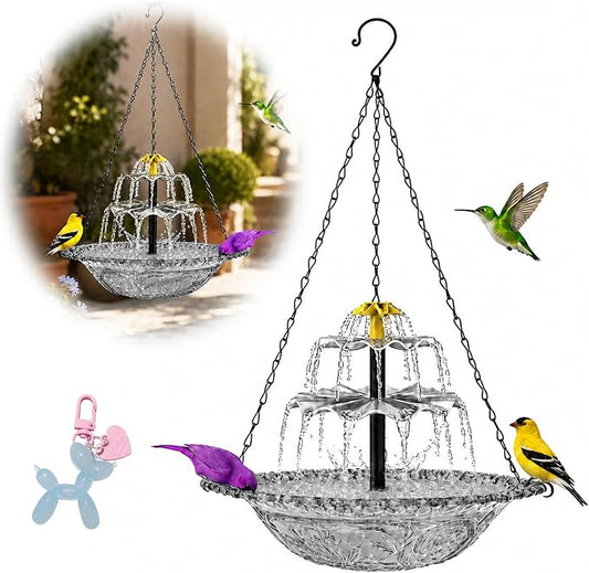 Hanging Bird Bath with Textured Bowl and Metal Chains, Solar Fountains with Cascade Flow for Outdoor Garden, Patio, and Yard Decor (Gray(XL))