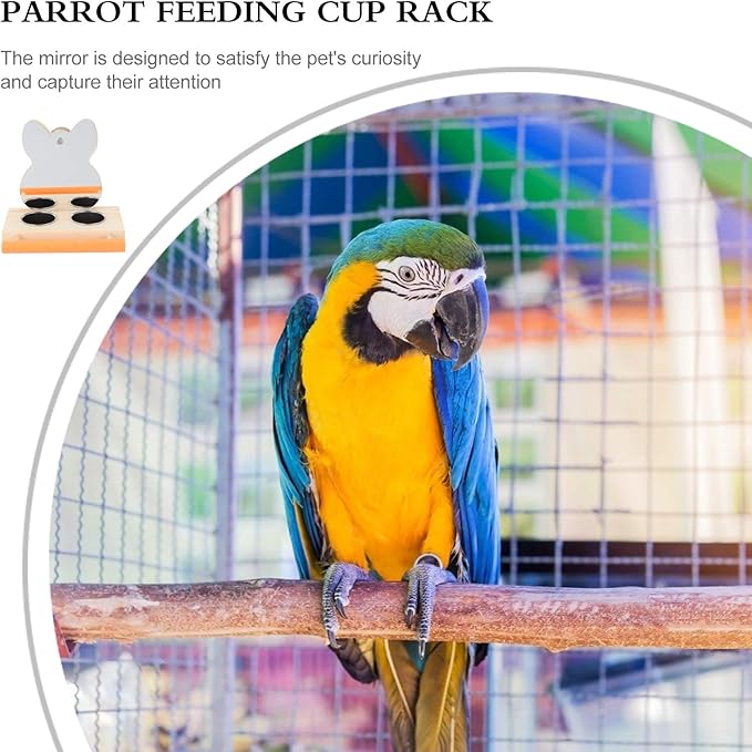Parrot Mirror with Water Food Bowl or Bird Cage Feeding Wood Holder Cage Accessory Feeding Bowl Parakeet Toys for Parrots, Cockatiels, and Budgies