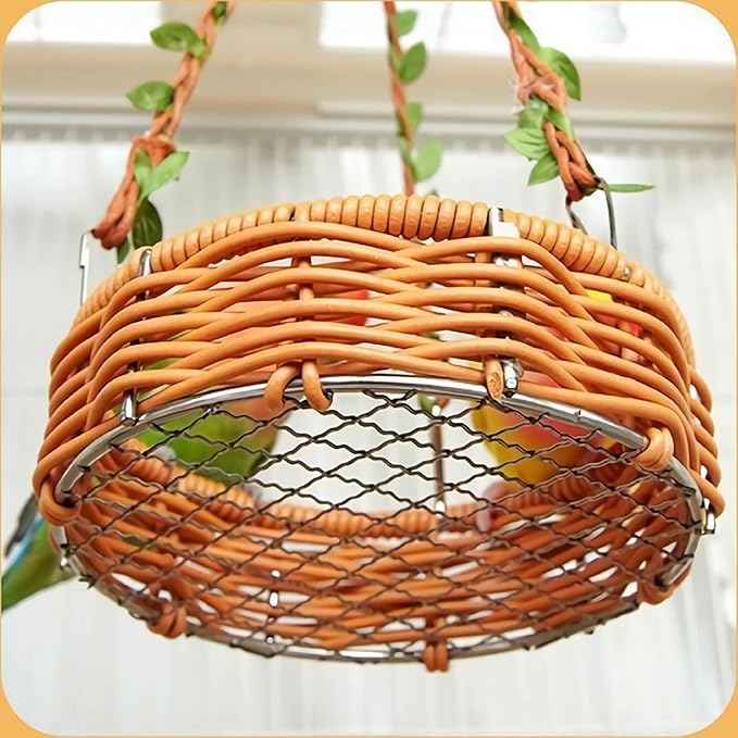 Hanging Rattan Bird Nest for Cage, Bird-Safe Vine Swing Perch with Leaves, Washable Chew-Proof Hammock Nest for Lovebird Cockatiel Budgie Conure, Cage Decoration & Rest Toy for Small Birds(Round)