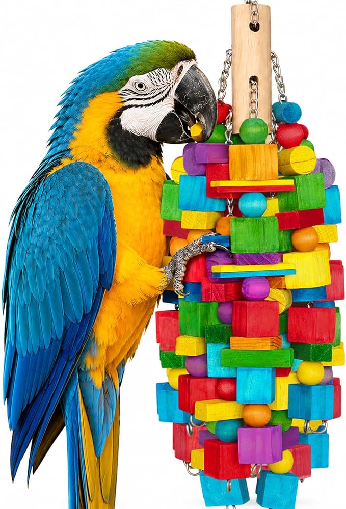 Large Bird Toy, 20 in XL Parrot Toys Natural Wood Blocks Bird Chew Toy for Foraging, Stainless Steel Chain Hanging Cage Toy for Macaws, Cockatoos, African Greys and Large Parrots-1.65 lb