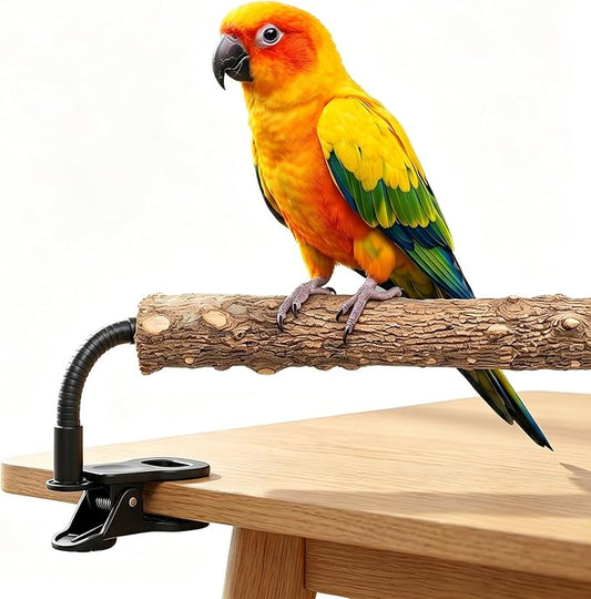 Natural Wood Parrot Perch, Adjustable Clip-On Bird Stand, Flexible Gooseneck Sticks for Conures Cockatiels Lovebirds, Pet Cage Accessories