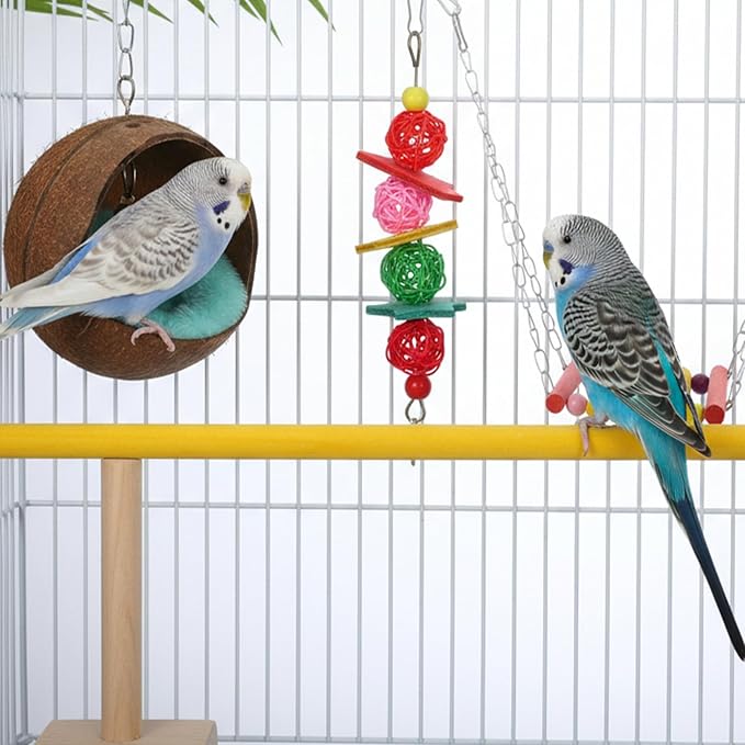 Natural Coconut Shell Bird Nest House, Anti-Pecking Bite with Warm Pad and Bell, Hanging Budgie Tent Beds with 8 Accessories for Bird Parrot Budgie Parakeet Cockatiel Conure Lovebird