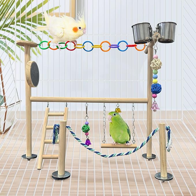Hamiledyi Small Bird Playground Natural Wood for Top of Cage Bird Perch Stand for Parrots Play Gym Toys for Small Birds Parrot Cockatiel Love Birds Budgie(Style A)