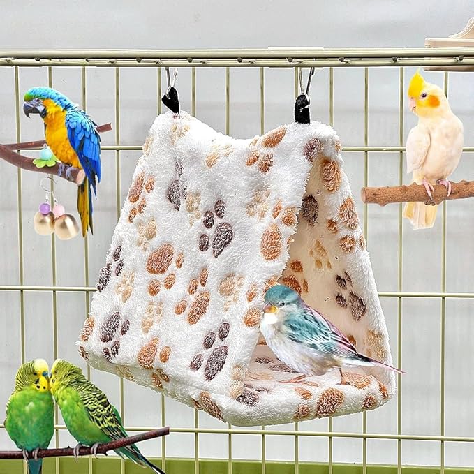 2 Pack Bird Nest Plush Snuggle Bird Hammock Hanging Bird Cave Parrot Sleeping Bed Shed Hut Hanging Tent for Budgies Finch Parakeet Cockatiel Cockatoo Lovebird-Foot Pattern (Brown&White)